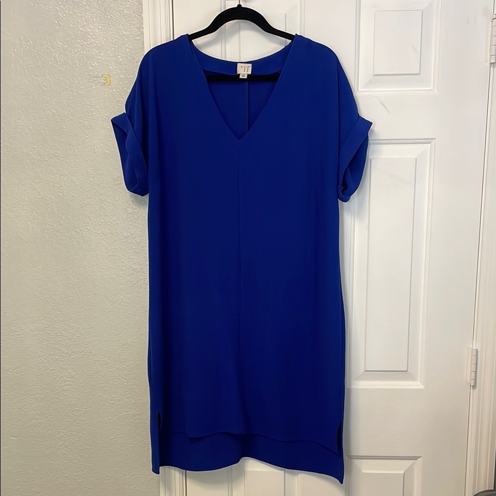 V-Neck Blue Shift Dress with Gold Button Details
